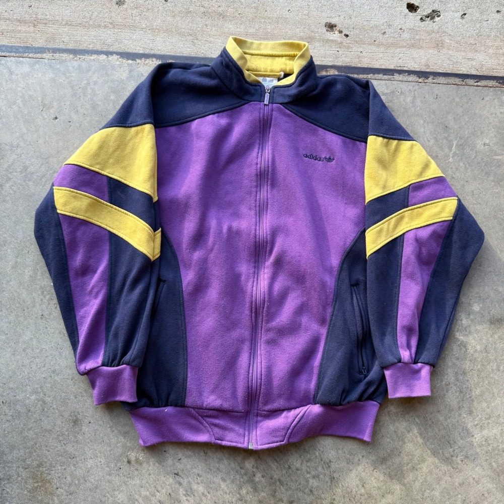 Vintage Adidas Trefoil Track Jacket Purple Navy Yellow Colorblock Fleece Large